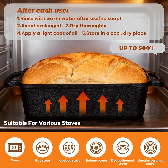11x5 Inch Cast Iron Loaf Pan, 5.8 Qt Large Dutch Oven Loaf Pan with Lid, Sourdough Bread Baking Pan for Homemade Bread|Meatloaf, Even Heat Distribution & Oven Safe up to 500°F