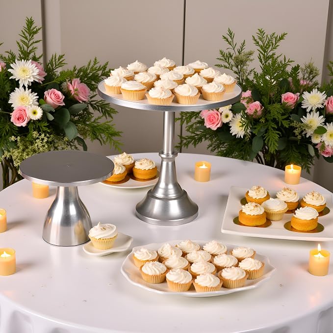 HBlife 3-PCS Silver Cake Stand Set (8"/10"/12" Plate) for 6-10 Inch Cakes, Perfect Dessert Table Display Set, Cupcake&Cake Stands for Party, Wedding, Birthday, Baby Shower, Anniversary (Metal)