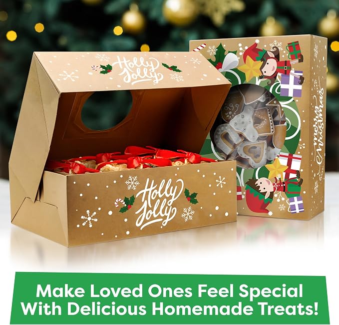 Christmas Cookie Boxes for Gift Giving - 12 Kraft Christmas Cookie Tins With Lids - Sturdy Christmas Treat Boxes, Christmas Tins - Festive Christmas Cookie Box Packaging - Cookie Boxes with Window