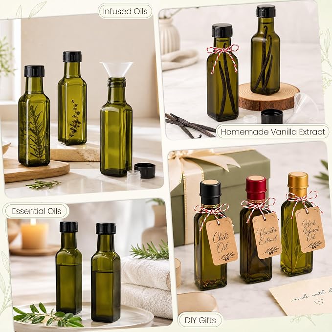 TBWIND 18 Pack 3.5oz (100ml) Olive Oil Bottles with Airtight Caps | Includes Shrink Bands, Labels & Funnels; Ideal for Vanilla Extract, Tinctures, Limoncello, Syrups & Gift Giving