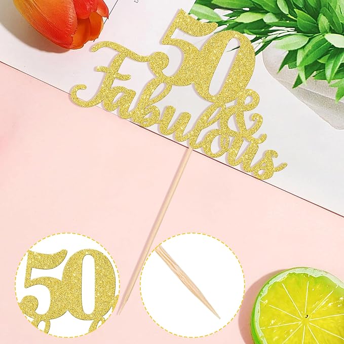 1 PCS Fabulous Cake Topper Gold Glitter 50th Anniversary Cake Pick Decoration for Wedding Anniversary Party Decorations Happy 50th Birthday Cake Decorations Supplies