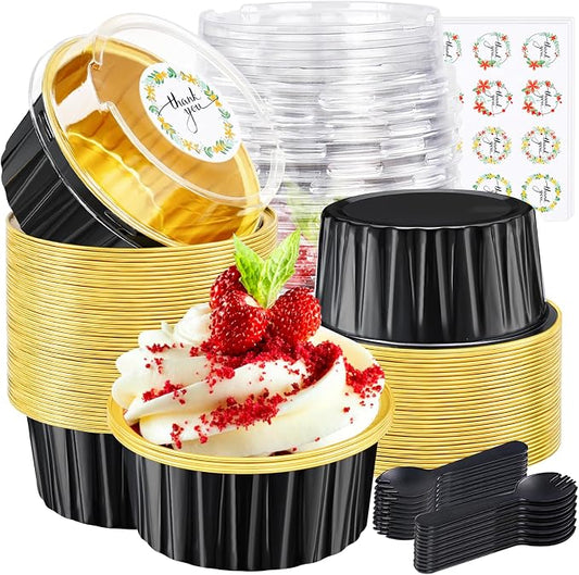 30Pcs Mini Cake Pans with Lids Aluminum Foil, ZOXILEN 5oz Disposable Mini Loaf pans with Lids Spoons, Round Small Baking Cups Pie Tins Cheesecake Containers for Party Black Gold
