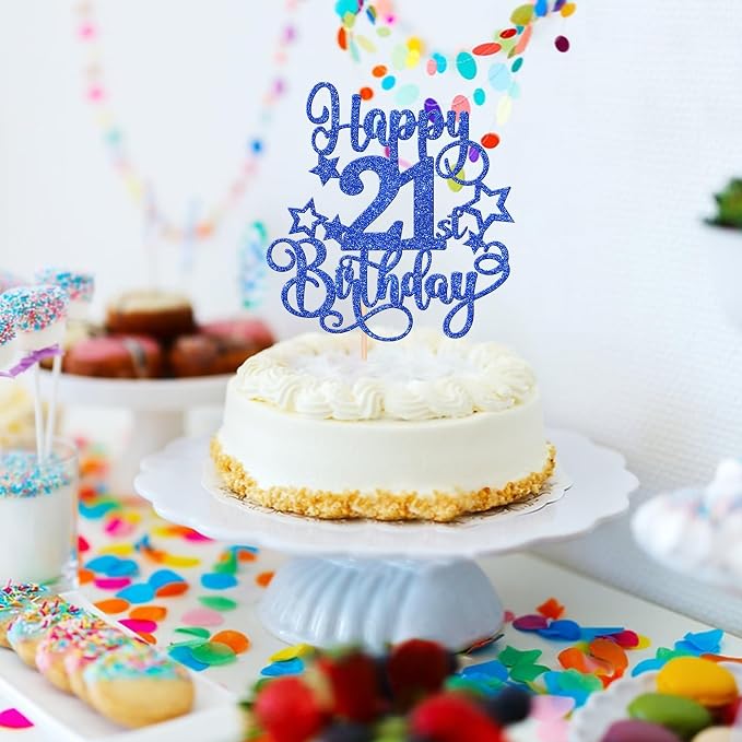 1 PCS Happy 21st Birthday Cake Topper Glitter Cheers to 21 Years Birthday Cake Pick Hello 21 Fabulous Cake Decoration for Happy 21st Birthday Anniversary Party Decorations Supplies Blue