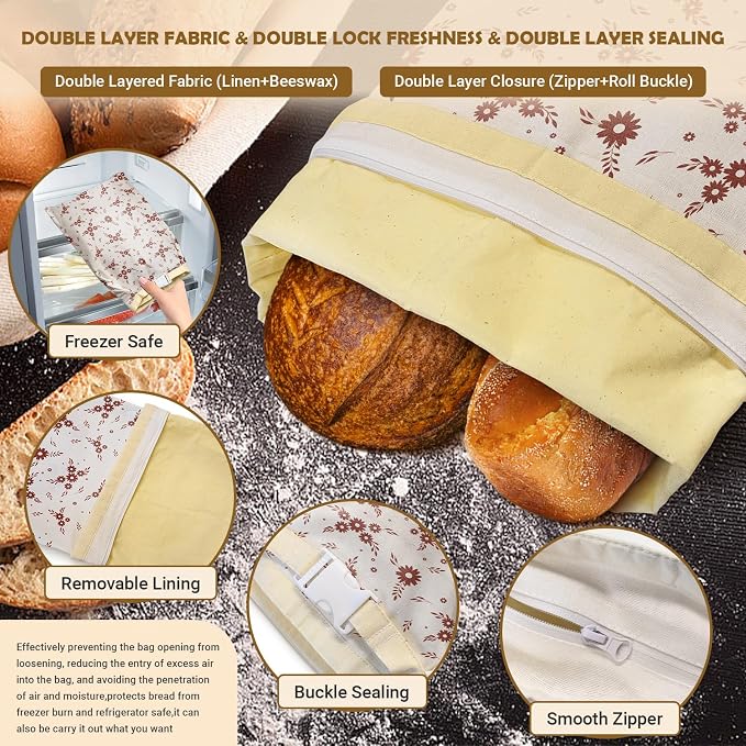 Large Linen Beeswax Bread Bags(2 Pack) Sourdough Bread Bags Reusable Double-Lock Freezer Baking Container Gift Giving for Homemade,Loaf,Sourdough,Food Storage (Vintage Daisy Sprig Pattern)