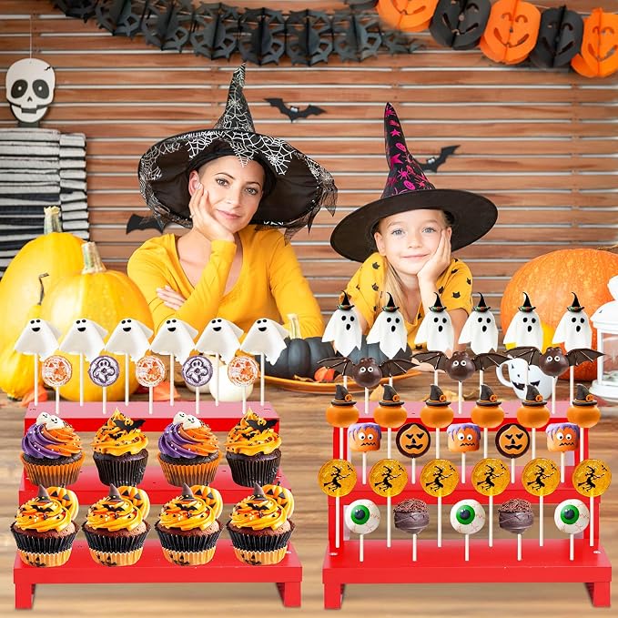 2 Pcs Cake Pop Stand, 3 Tier Wood Cake Pop Holder Display Risers with Twist Ties Lollipop Sticks, 33 Hole Lollipop Holder for Dessert Table of Wedding Birthday Party (Red-2P)