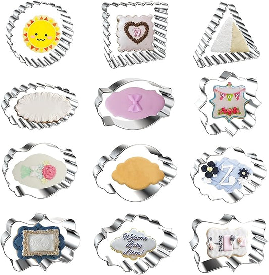 Plaque Frames Cookie Cutters Set 12Pcs Stainless Steel Biscuit Fondant Fruit Cutter for Baking, Party, Cake Decorating Tools