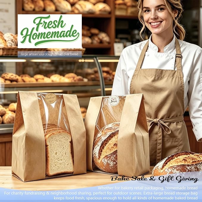 Extra Large Paper Bread Bags for Homemade Bread with Window & Sticker for XL Sourdough Breads, Round Loaf, Baked Goods, Oval Loaves, Brown Kraft - 20 Pcs 16x10x5 Inch