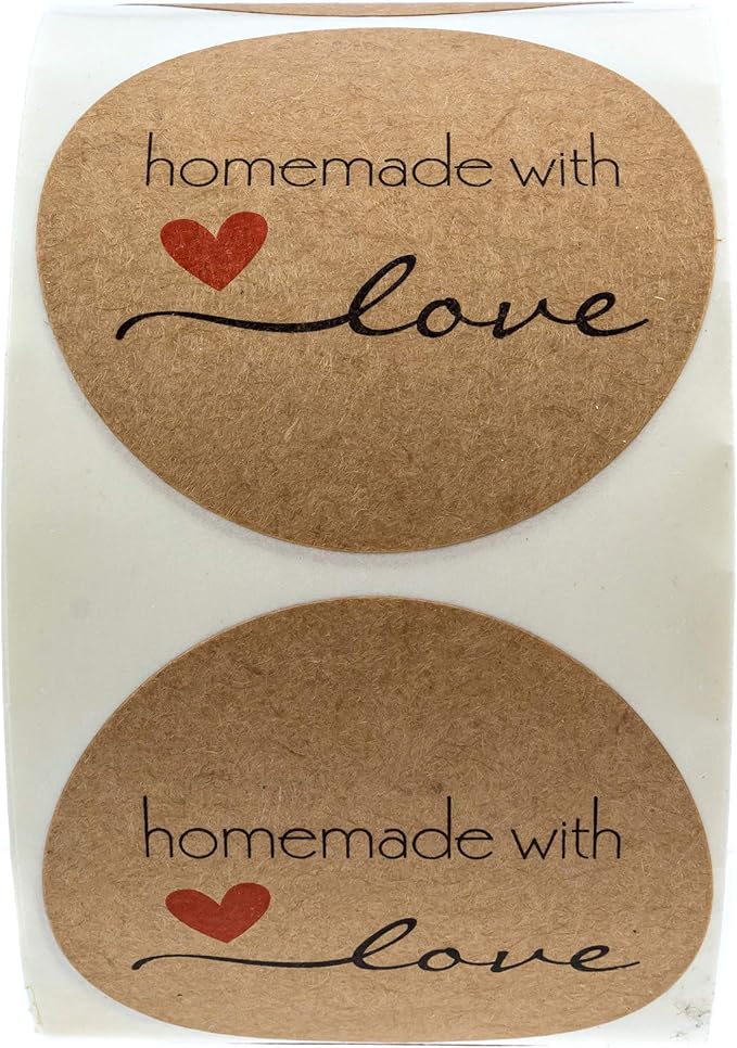 2" Brown Kraft Homemade with Love Stickers/Roll of 500 Crafting Labels / 2 Inch Diameter Round Canning Crafting Project Label/Made in The USA