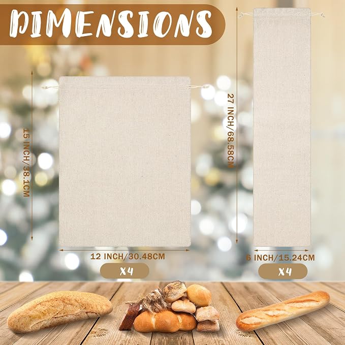 Woanger 8 Pcs Linen Bread Bags, Reusable Sourdough Bread Storage Bags with Drawstring, 12 x 15 Inch 6 x 27 Inch Burlap for Homemade Artisan Breads, Keeps Breads Fresh Longer, Gift(Blank Pattern)