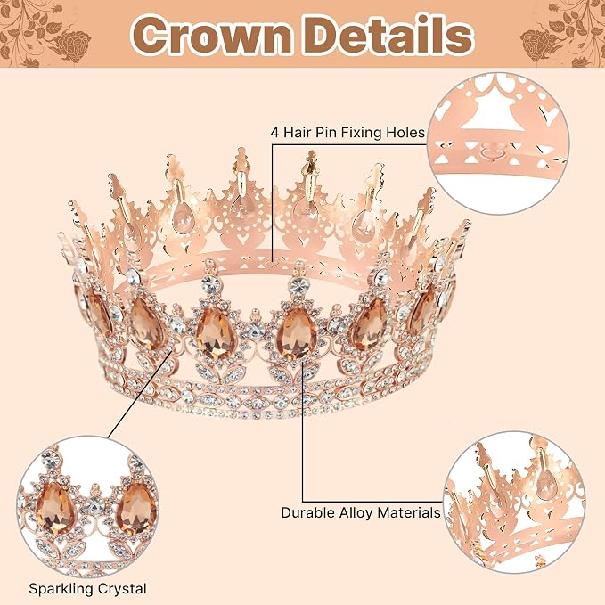 Crown Cake Topper, Amber & Rose Gold Crown Balls Happy Birthday Cake Toppers Candles Butterfly, Corona Para Pastel, Crown Cake Decorations for Women Queen Princess (Rose Gold, Peach)