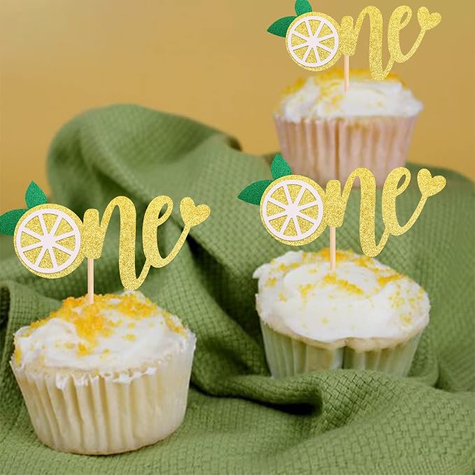 24 PCS Lemon One Cupcake Toppers Glitter Fruit Lemonade First Birthday Cupcake Picks for Lemon Theme Baby Shower 1st Birthday Party Cake Decorations Supplies Gold