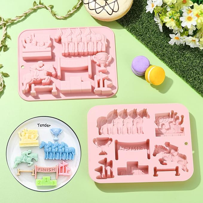 Ipotkitt Pink Racing Theme Silicone Molds Sport Horse Rectangle Candy Molds for Candy Chocolate Jelly Cake Ice Crafts, 2pcs, 18.6x14.7x1.9cm, 8 Cavities