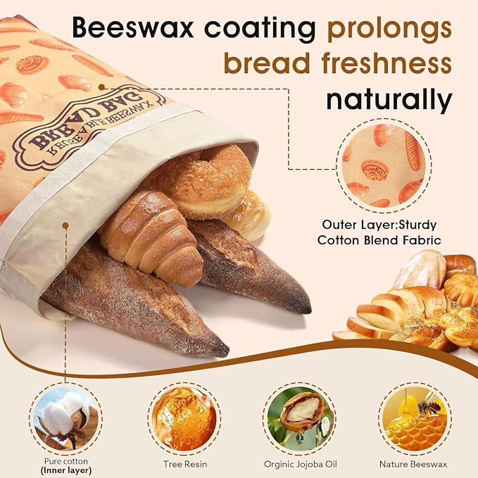 2 Pack Beeswax Bread Bags for Sourdough Homemade Bread, XL Cotton Lining Sourdough Reusable Natural Beeswax Bread Storage Bag, Keep Fresh and Upgraded Large Capacity Portable-17 x 12.6 Inches