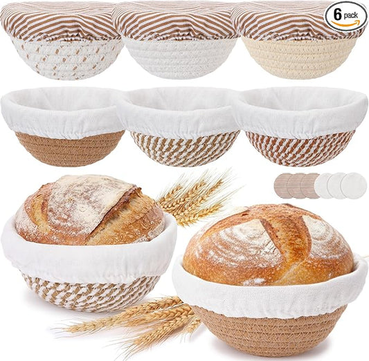 6 Set 5.5 Inch Mini Banneton Bread Proofing Basket Natural Cotton Rope Proofing Bowls Kit with Cloth Liner Small Sourdough Bread Baking Supplies for Home Baking (Brown)