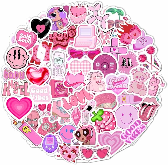 BulbaCraft 100Pcs Y2K Stickers Pink for Water Bottle and Laptop - Y2K Party Supplies & Decorations, Waterproof Vinyl Decals, 2000s and Aesthetic Stickers, Gifts for Women & Men