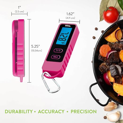 Taylor TruTemp Compact Digital Folding Meat Thermometer with Carabiner Clip for Grilling, BBQ, Kitchen & Food, Gadget Essential, Gifts, Pink