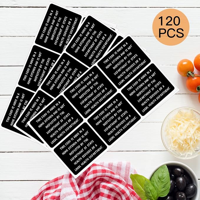 Made in Home Kitchen 120 Pack Food Label Stickers, Cottage Food Law Labels Bakery Stickers, Cottage Kitchen Food Safety Labels Non-Inspection Statement (1.5"x2", Black)