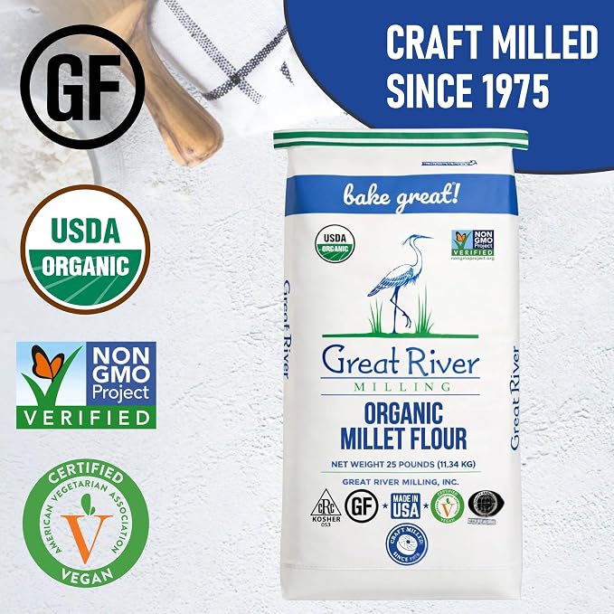Great River Milling Organic Millet Flour | USDA Organic, Naturally Gluten Free, Non-GMO, Vegan, Kosher | Mild, Nutty Flavor for Baking, Flatbreads, Pancakes & Porridge | 25 Lb