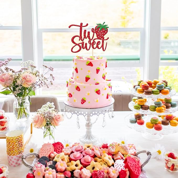 1 PCS Two Sweet Strawberry Cake Topper Red Glitter Strawberry Sweet Two Cake Pick Berry 2nd Birthday Cake Decoration for Strawberry Theme Baby Shower Kids Second Birthday Party Decorations Supplies