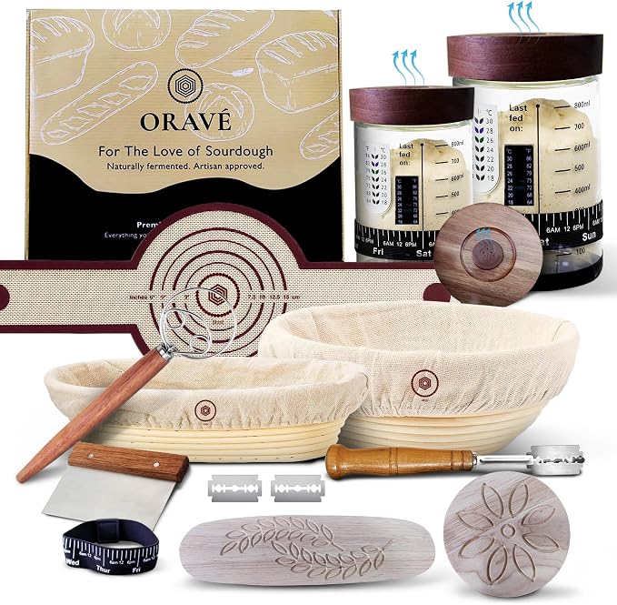 Orave Sourdough Starter Kit - 13-Piece Bread Baking Supplies with Auto-Vented Glass Jars, Round and Oval Banneton Proofing Baskets, Bread Lame, Dough Whisk and Scraper