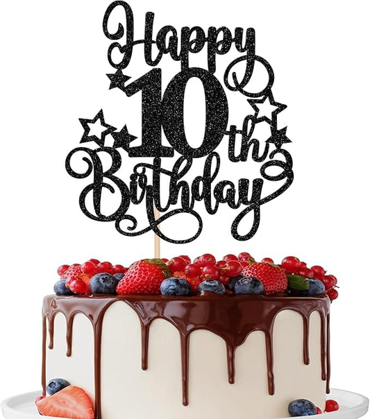 1 PCS Happy 10th Birthday Cake Topper Glitter Cheers to 10 Years Birthday Cake Pick Hello 10 Fabulous Cake Decoration for Happy 10th Birthday Anniversary Party Decorations Supplies Black