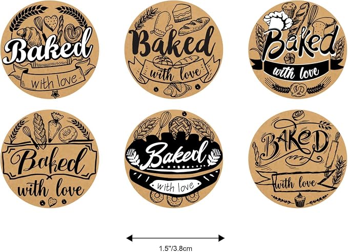 600 Baked with Love Stickers 1.5" Round Natural Kraft 6 Unique Design Perfect for Baked Goods Packing and Wrapping, Add Unique Touch to Your Business and Homemade Cookies