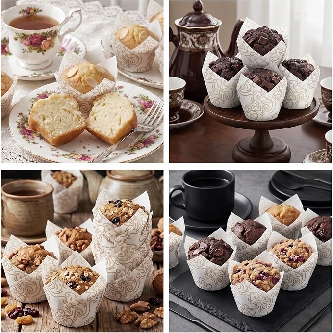 200 Pcs White Tulip Cupcake Liners for Baking, White Wavy Line | Standard Greaseproof Tulip Muffin Liners for Baking, 3oz White Paper Cupcake Wrappers for Party Wedding Birthday