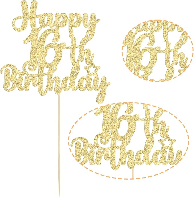 Gyufise 1Pc Happy 16th Birthday Cake Topper Gold Glitter 16 & Fabulous Sweet 16 Birthday Cake Pick for Celebrating 16th Birthday Anniversary Party Cake Decorations Supplies