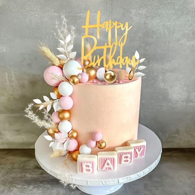 Pink Balls Cake Topper Boho Grass Cake Topper Pink White Gold Pearl Balls Happy Birthday Cake Decorations for Wedding Birthday Boho Themed Supplies (Pink)