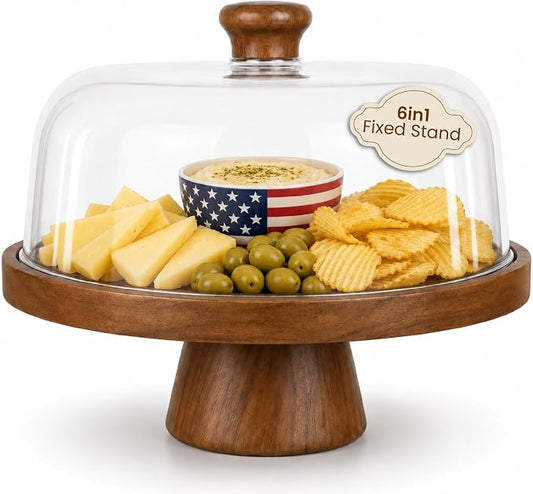 Acacia Wood Cake Stand with Lid Anti-Mold 12 Inch - 2-in-1 Wooden Charcuterie Board - Covered Dessert Plate with Acrylic Dome - Vintage Pastry Display -Tall Domed Serving Stand Platter - Brown