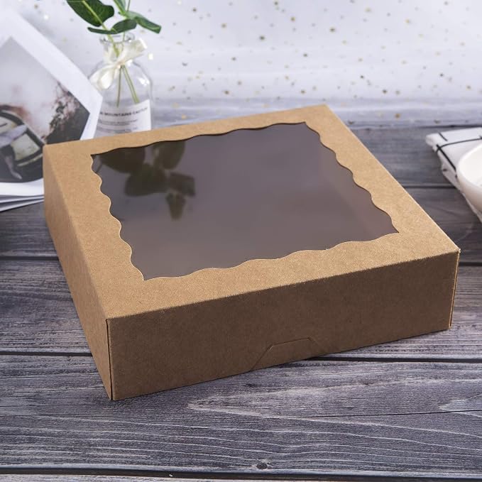 ONE MORE [15pcs] 9inch Kraft Bakery Boxes, Large Pie Boxes with PVC Window Natural Disposable box for Cookie 9x9x2.5inch,15 of Pack