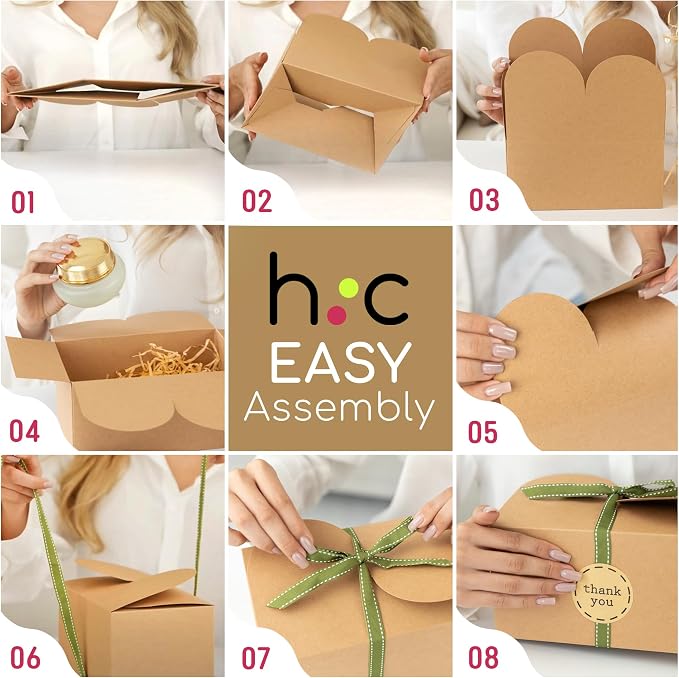 Large Brown Kraft Cookie Boxes with Ribbons & Sticker (20 Pack) 9” x 5.5” Decorative Craft Gift Boxes for Baked Goods, Candy, Bread Loaf, Small Treats, Christmas, Food Packaging, Empty, Bulk, Foldable