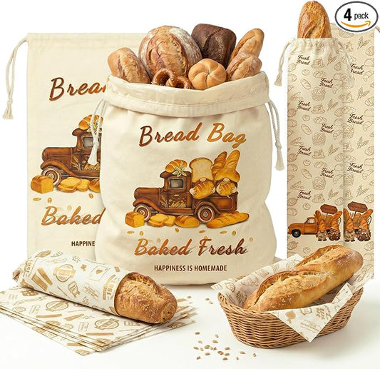 4 Pack Reusable Bread Bags for Homemade Bread，natural Beeswax & Linen Cotton，large Capacity and Portable,Bread Keeper for Sourdough，food/Bread Storage,With Free Baguette Bag and Baking Paper