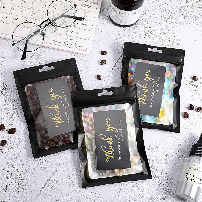 Outus 620 Pieces Thank You for Supporting My Small Business Cards and Stickers Set, Thank You Gold Foil Stickers with Resealable Packaging Bag for Business Owners Packaging Supplies (Black)
