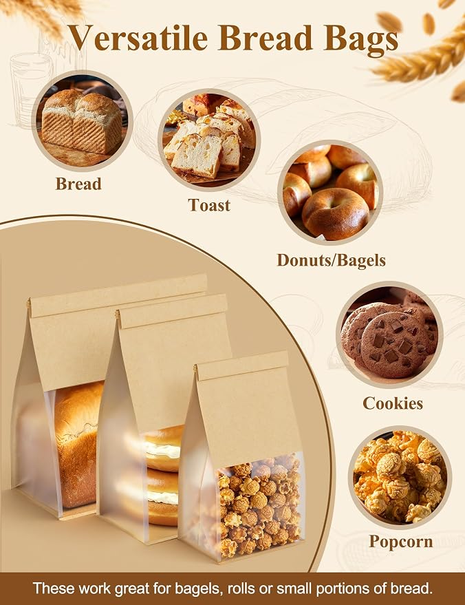 FireKylin Bread Cookie Bags with Window & Tin Tie,3.9x3.1x8.2 (50,Small) | Food Safe Brown Paper, Clear Window, Reusable Tin Tie, for Homemade Bread, Cookies, Muffins, Pastry, Candy, Party Favor
