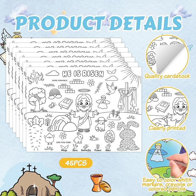 45pcs He is Risen Disposable Coloring Placemats Easter Christian Crafts for Kids Sunday School Easter Party Favors Coloring Poster Religious Activity Church Supplies Paper Table Mats