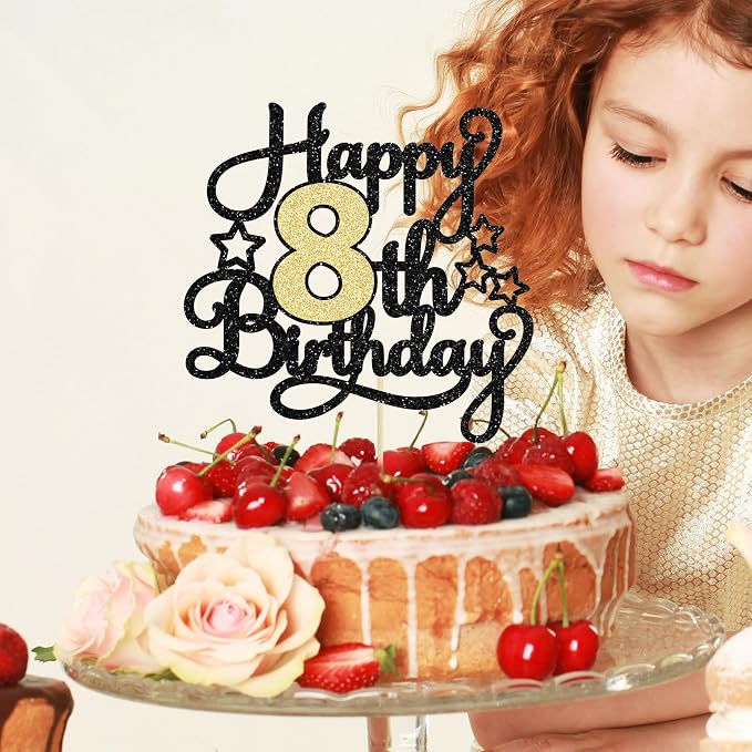 1Pc 8th Happy Birthday Cake Topper Glitter Cheers to 8 Years Cake Pick Decoration for 8th Birthday Party Supplies Black Gold