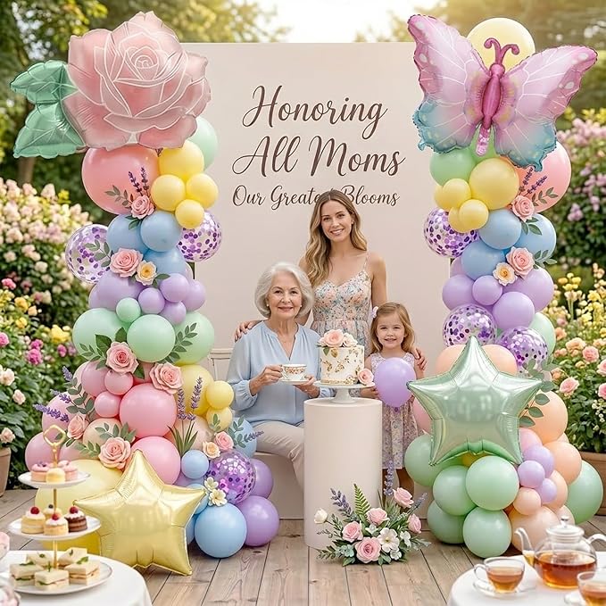 Pastel Spring Floral Mother's Day Party Decorations Kit - Macaron Balloon Arch with Butterfly, Pink Rose Flower Foil Balloons for Mother's Day Decor, Women's Birthday, Tea Party Supplies