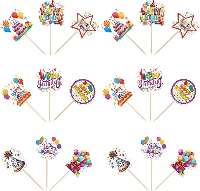 36 PCS Happy Birthday Cupcake Toppers Colorful Balloon Star Cheers Let's Party Time Firework Cupcake Pciks Happy Birthday Cake Decorations for Celebrating Anniversary Party Cake Decorations Supplies
