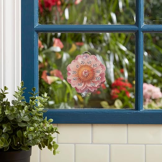 Taylor Peony Dial Thermometer, 4-Inch Indoor Outdoor Silicone Suction Cup Thermometer, Weather-Resistant Temperature Gauge for Patio, Pool, Garden, or Garage, Pink