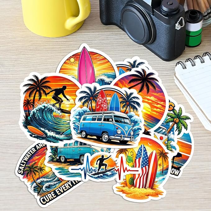 10pcs Surfing Sticker Pack – Fun Surfing Quotes and Designs – Perfect for Water Bottles, Laptops, Journals, and Gift for Surfers