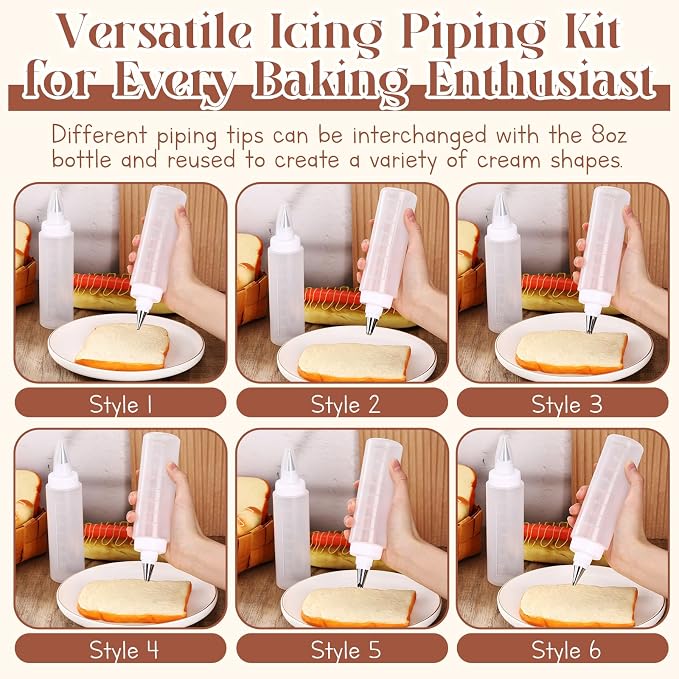 LemonRoad 4 Pcs Piping Bottles for Icing Cookie Decorating Supplies Plastic Squeeze Bottles with 6 Different Piping Tips for Cookie Icing Kit Pancake Squeezing Applicator Writer(8 oz)