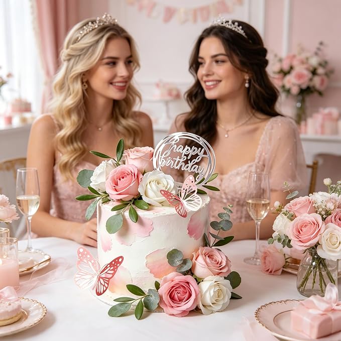 Flower Cake Toppers, Happy Birthday Rose Gold Cake Decorations with Artificial Flowers Butterfly Balls for Wedding Baby Shower Birthday Party Supplies (Pink)