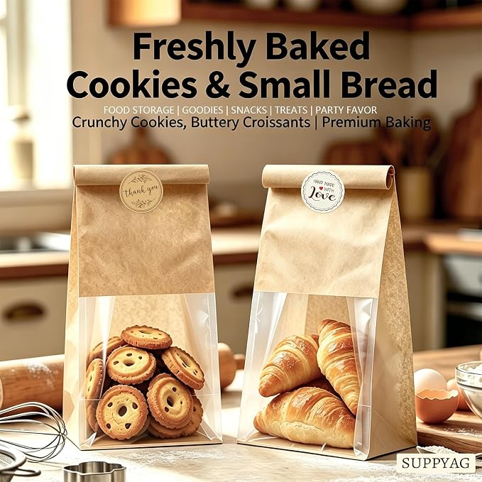 Cookie Bakery Bags with Window Small Bread Baked Goods Packaging Tin Tie Tab Closure & Cute Sticker for Candies, Treats, Snack - Brown Kraft Paper 20 Pcs 11x5.1x3.9 Inch
