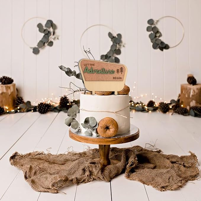 ZAIBIANHAO Let the Adventure Begin Wooden Cake Topper - Natural Adventure Themed Camping Decorations for Baby Shower,Happy Camper Decoration,Camping Birthday Party Supplies