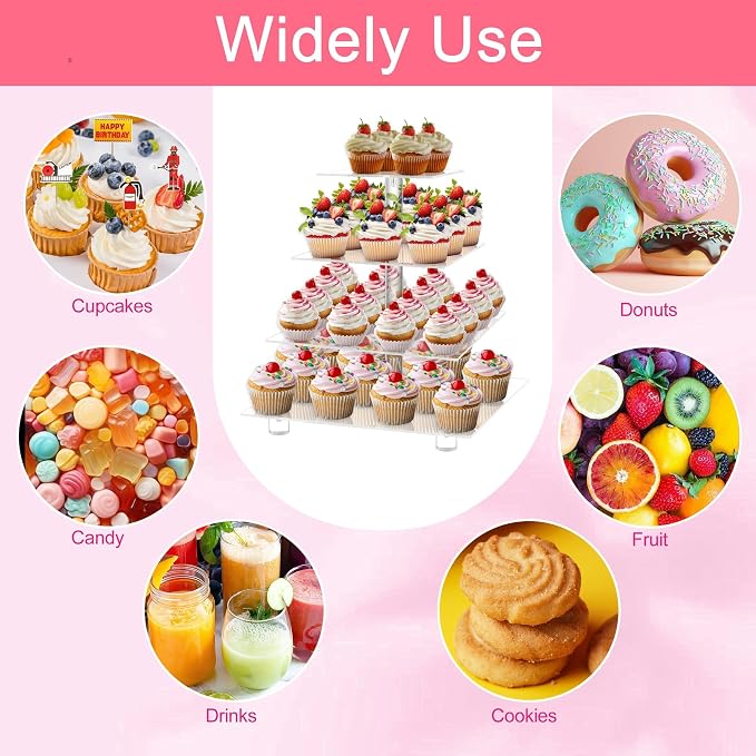 weddingwish Acrylic Cupcake Stand, 4 Tier Square Cupcake Display Stand with Base, Clear Cupcake Tower for Dessert Table,Wedding, Party, Baby Shower