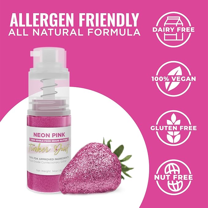 Bakell - Neon Pink Tinker Dust (4g, 1x Mini Spray Pump) Edible Glitter for Food, Desserts, and Baked goods!