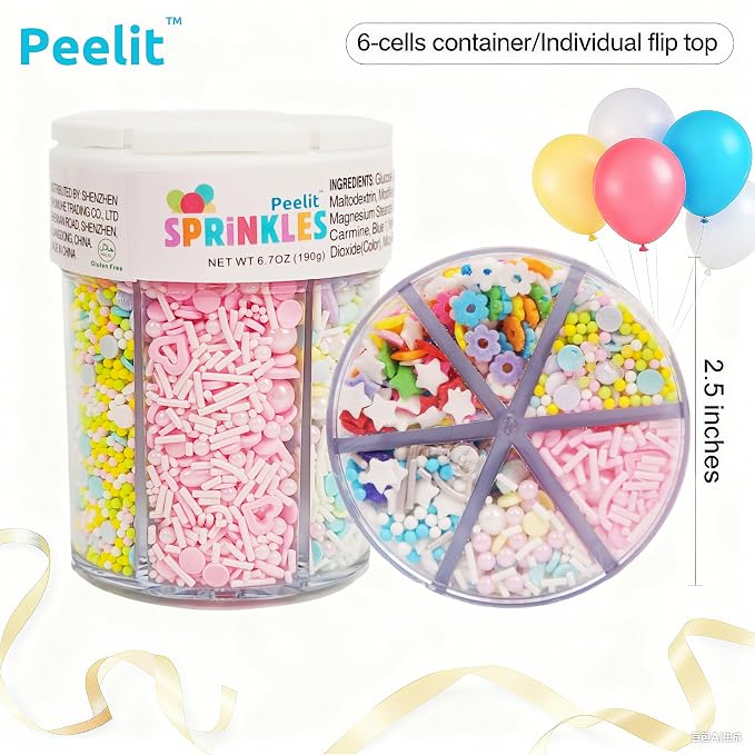 Peelit Rainbow Funfetti Sprinkles Mix, 6 in 1 Cell Edible Cake & Cupcake Decorations with Stars, Hearts & Flowers, Pastel Colors, Perfect for Baking & Ice Cream Toppers, Easter Sprinkles, 6.7oz Jar
