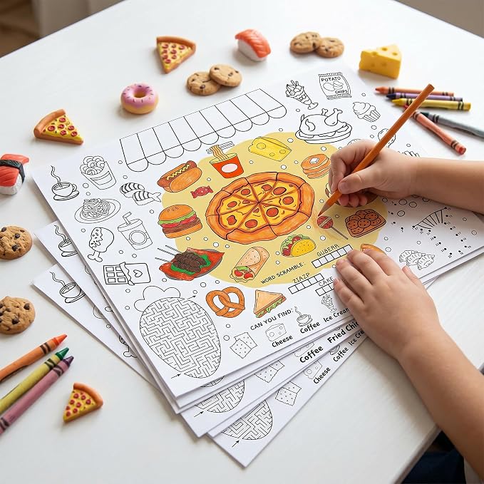 45pcs Food Disposable Coloring Placemats Yummy Foods Crafts for Kids Birthday Party Favors Coloring Poster Pizza Ice Cream Burger Donut Taco Activity Restaurant Church Supplies Paper Table Mats