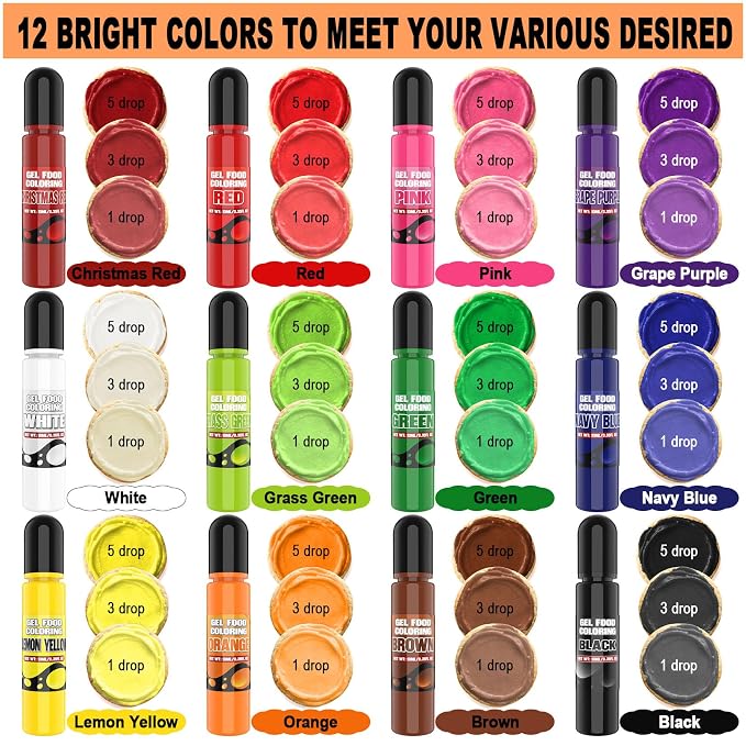 Gel Food Coloring Set with 12 Colors Food Coloring Dye for Baking Concentrated Food Coloring Gel for Icing, Candy, Cake Decorating, 0.35 Fl. Oz/Bottles